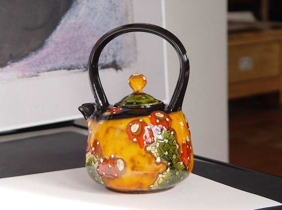 Colorful Handpainted Cactus Teapot - Artisan Clay Gift - Danko Pottery Orange, Green, Red, Black - 750ml Ceramic Kettle - Home Decor