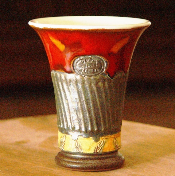 Colorful Red Pottery Wine or Water Goblet - Handmade Ceramic Mug with Unique Painted Decoration - Christmas Gift