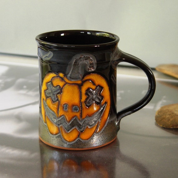 Spooky Pumpkin Halloween Mug - Handmade Ceramic Cup 17oz - Funny Fall Gift - Black and Orange Pottery - Kitchen & Dining Decor