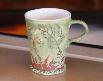 Small Handbuilt Ceramic Coffee Mug with Painted Herbs, Pottery Stoneware Mug, Mullein Tea Cup, Unique Collectible Espresso Cup, Slab Pottery