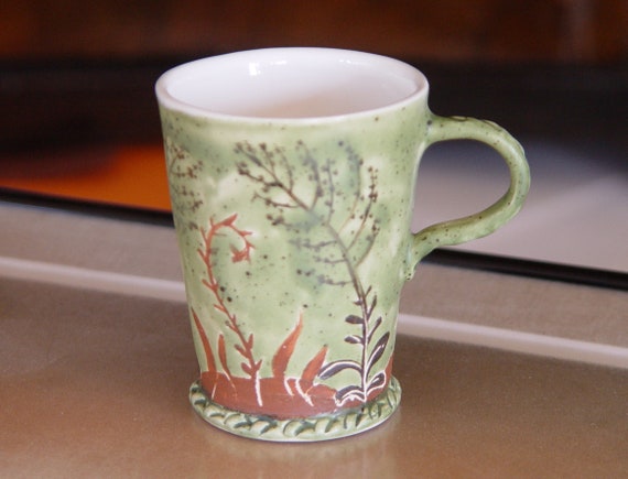 Small Handbuilt Ceramic Coffee Mug with Painted Herbs, Pottery Stoneware Mug, Mullein Tea Cup, Unique Collectible Espresso Cup, Slab Pottery