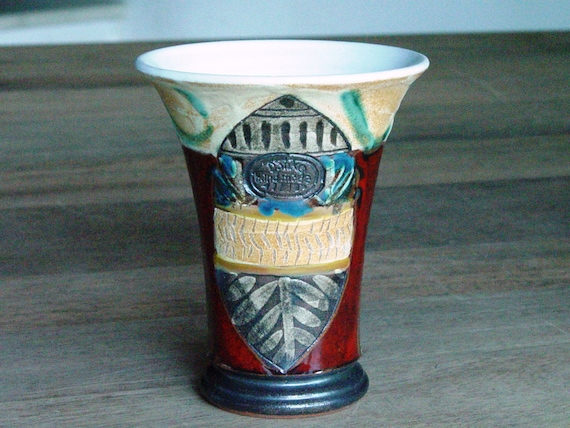 Handmade Ceramic Mug for Cold Drinks - Red, Green, Beige Pottery Goblet - Unique Wine Glass - Christmas Gift - Wheel Thrown, Arts and Crafts