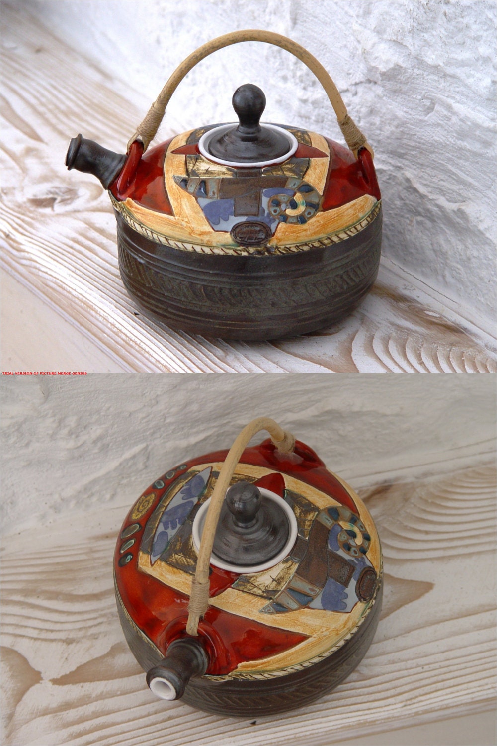 Colorful Pottery Teapot with Wicker Handle. Wheel Thrown Tea Pot, Hot