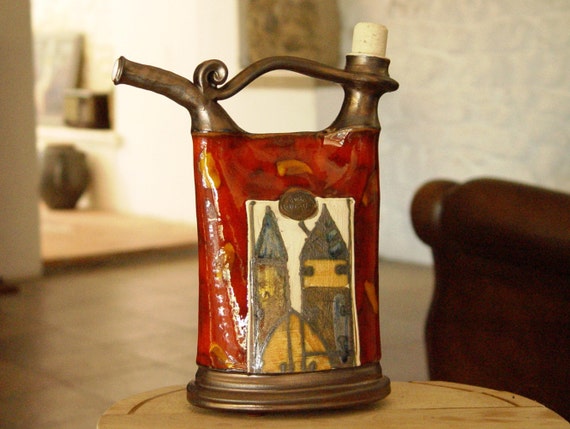 Hand Painted Red Pottery Pitcher - Unique Ceramic Bottle with Old Charm Buildings - Kitchen Decor - Christmas Gift - Home & Living