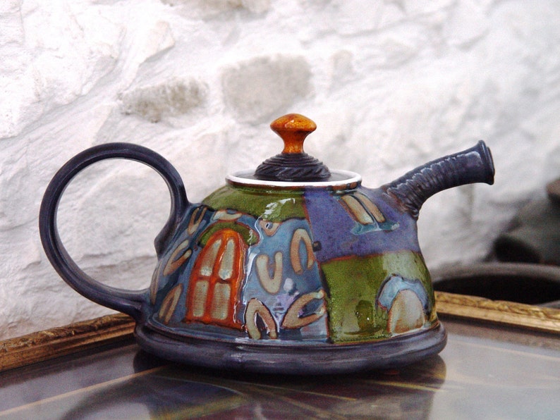 Colorful Handmade Ceramic Teapot Danko Pottery Unique Clay Tea Pot with Hand Painted Decoration Kitchen and Dining Gift image 3