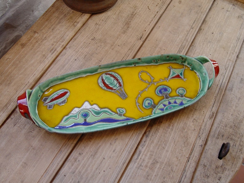 Handmade Ceramic Platter in Bright Colors Handbuilt Pottery Tray Colorful Decoration Home Decor Ceramic Art Unique Pottery image 3