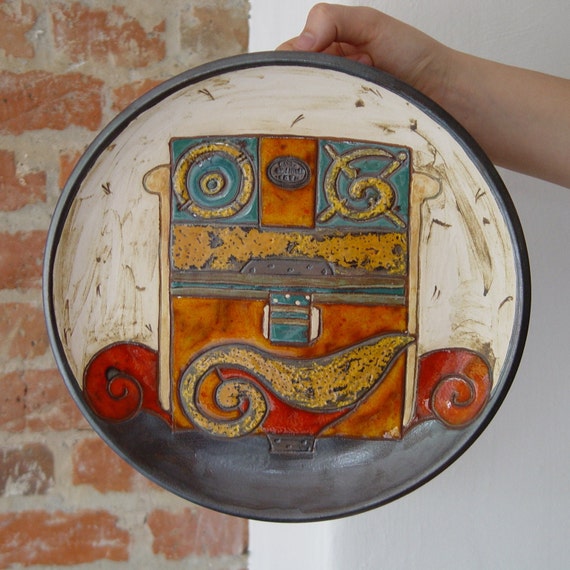 Handmade Colorful Ceramic Plate - Wall Hanging Art & Home Decor - Orange Christmas Present