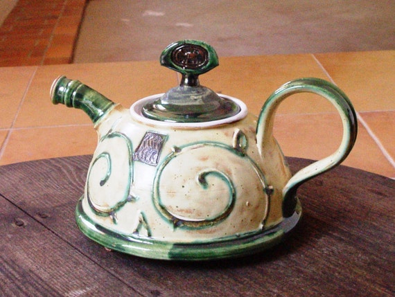 Hand Painted Ceramic Teapot - Danko - Beige, Green, White Colors - Wheel Thrown Clay Art - Home & Living - Choose Your Size!