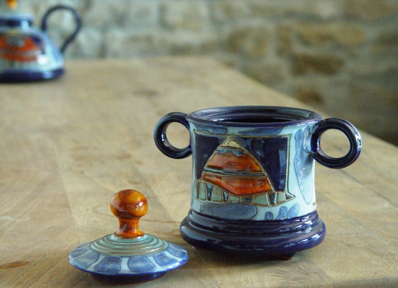 Ceramic Sugar Bowl with Lid, Pottery Sugar Bowl. Handmade Clay Sugar Bowl, Sugar Box, Sugar Keeper, Blue and Orange Sugar Bowl image 3