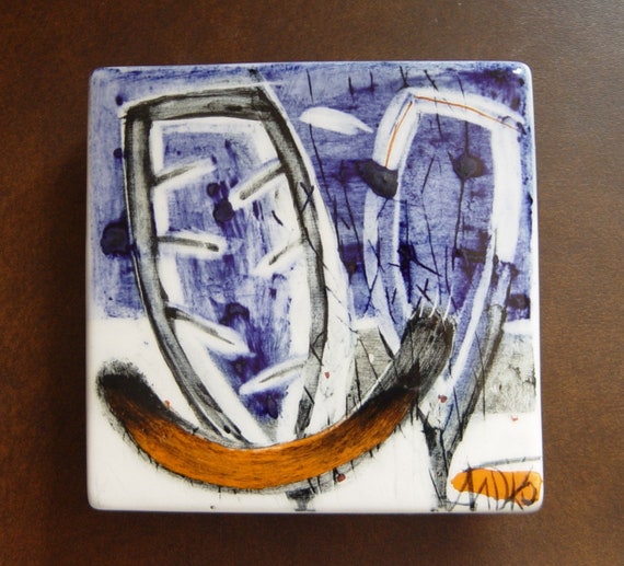 Handmade Porcelain Decorative Tile - Azulejo, Fine Art Ceramics - Blue, Black, Orange - Wall Decor - Unique Pottery Gift - Home and Kitchen