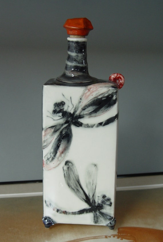 Unique Stoneware Bottle with Handpainted Dragonflies and Cork Stopper - Ceramic Pitcher - Handmade Clay Carafe - Decanter - Artistic Gifts