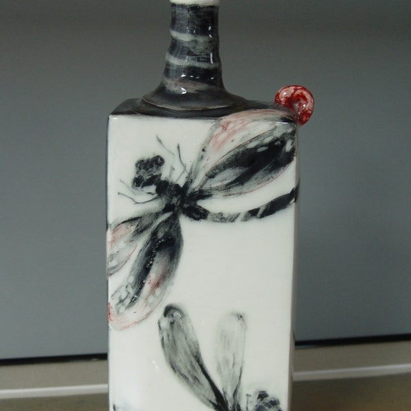 Unique Stoneware Bottle with Handpainted Dragonflies and Cork Stopper - Ceramic Pitcher - Handmade Clay Carafe - Decanter - Artistic Gifts