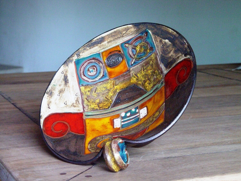 Handmade Ceramic Fruit Bowl with Leg Wedding Gift Table Centerpiece Wheel Thrown Pottery Orange Green Red Ochre Beige Home Decor image 1