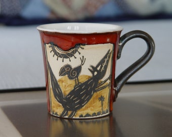 Mother's Day Gift Pottery Coffee Mug Fox and Crow Cup with Unique Hand Painted Decoration, Red Wheel Thrown Cute Mug, Animal Artistic Teacup