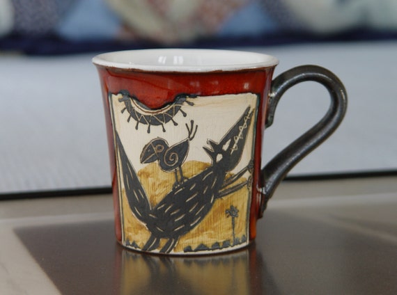 Mother's Day Gift Pottery Coffee Mug Fox and Crow Cup with Unique Hand Painted Decoration, Red Wheel Thrown Cute Mug, Animal Artistic Teacup