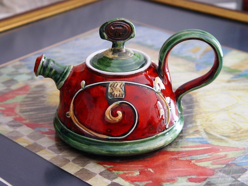 Handmade Ceramic Teapot for One Danko's Artistic Pottery Christmas Gift Small Clay Tea Pot Red, Green, White Colors 400ml Capacity image 4