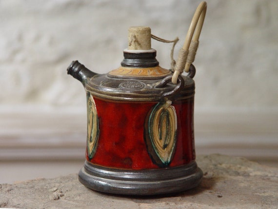 Christmas Gift Ceramic Pitcher - Hand Painted Pottery Bottle with Wicker Handle - Red and Beige Decor - Artistic Anniversary Gift