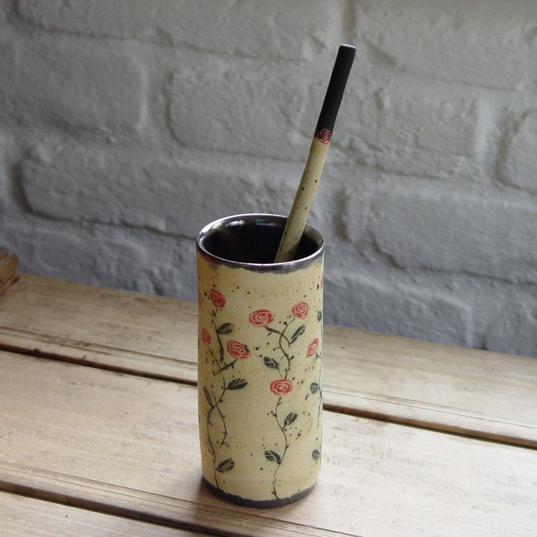 Handmade Ceramic Tumbler with a Straw and Handpainted Roses Stoneware Water Glass Pottery