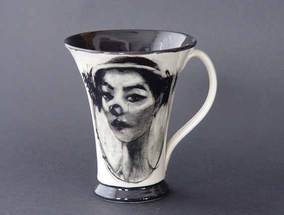 Original Handpainted Stoneware Mug - Female Clown Portrait - Unique Ceramic Coffee Cup - Kitchen Art - DankoHandmade