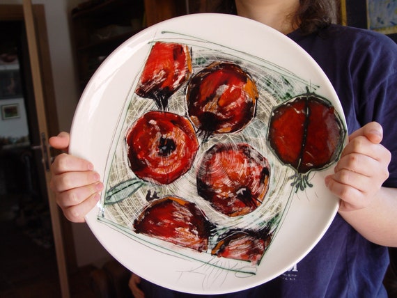 Handmade Pomegranate Stoneware Platter - Artisan Ceramic Tray - Wedding Gift - Home Decor - DankoHandmade