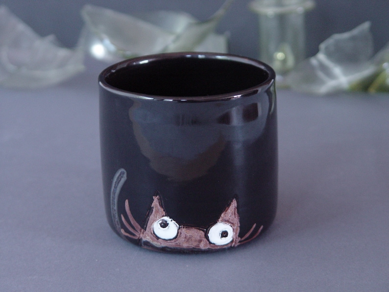 Funny Cat Tumbler Orange and Black Handmade Ceramic Goblet Spooky 12 oz Mug Cold Drinks Mug image 3