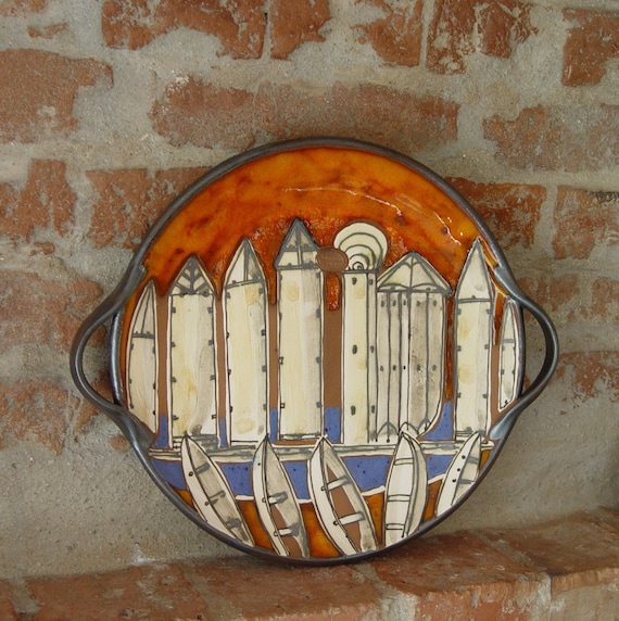 Fishing Town - Colorful Ceramic Serving Platter - Handmade Wall Decor Tray - Danko Art - Unique Pottery