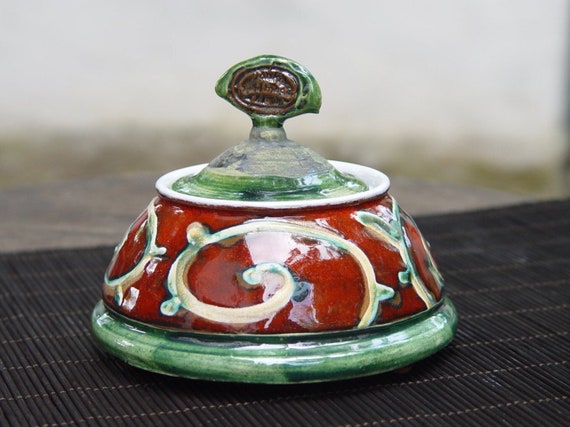 Hand-Painted Ceramic Sugar Bowl with Lid - Christmas Gift - Red, Green Colors - Unique Pottery Sugar Basin - Home Decor