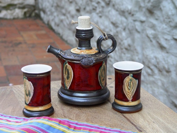 Hand-Painted Ceramic Christmas Gift Set – Bottle and Two Mugs, Danko Pottery, Red Beige Colors, Perfect Gift for Two