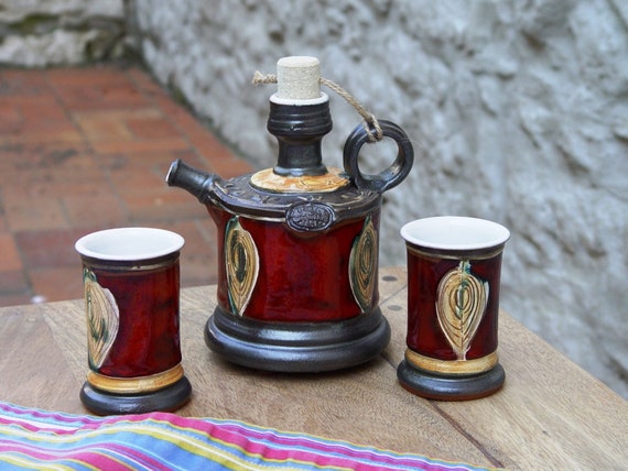 Hand-Painted Ceramic Christmas Gift Set – Bottle and Two Mugs, Danko Pottery, Red Beige Colors, Perfect Gift for Two