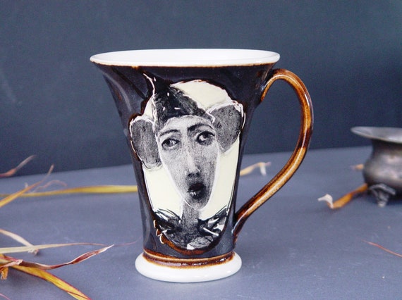 Handmade Stoneware Mug - Marionette Puppet Coffee Cup - Sad Face Ceramic Teacup - Unique Pottery - Arlecchino - Commedia dell Arte