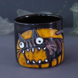 Funny Cat Tumbler Orange and Black Handmade Ceramic Goblet Spooky 12 oz Mug Cold Drinks Mug image 2