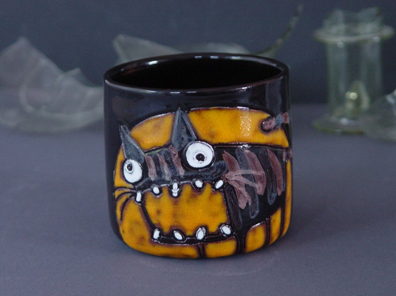 Funny Cat Tumbler Orange and Black Handmade Ceramic Goblet Spooky 12 oz Mug Cold Drinks Mug image 2