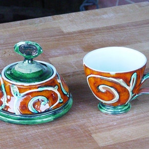 Handmade Danko Pottery Sugar Bowl Orange, Green, White Ceramic Home & Living Kitchen Decor Perfect Gift image 5