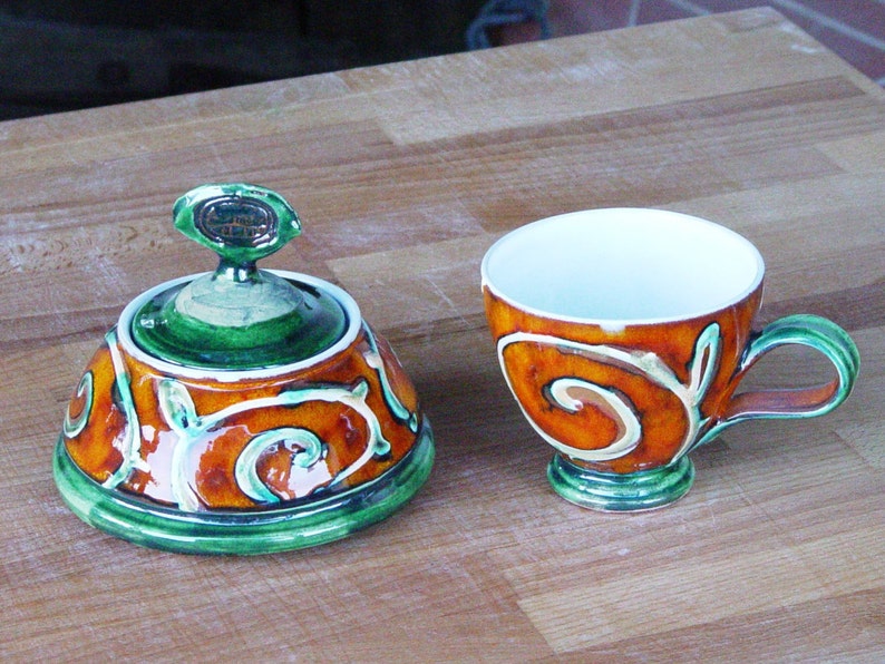 Handmade Danko Pottery Sugar Bowl Orange, Green, White Ceramic Home & Living Kitchen Decor Perfect Gift image 5