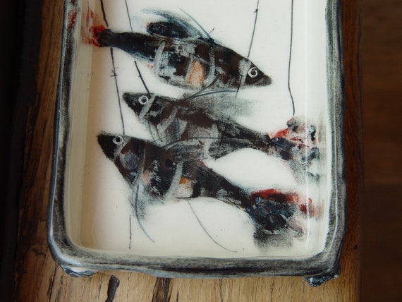 Japanese Style Handmade Casserole with Fish - Handpainted Rectangular Pottery Plate - Durable Fish Tray - Ceramic Wedding Gift - Platter