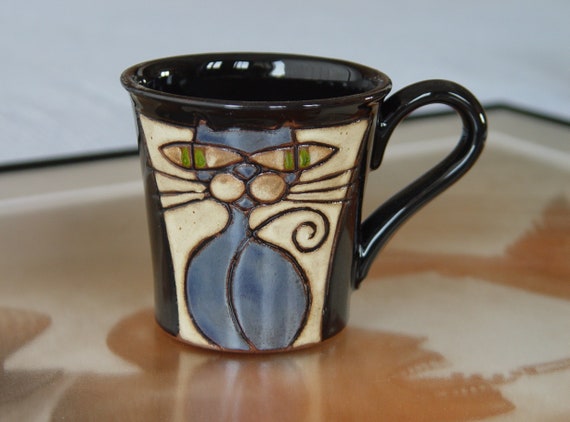 Hand Painted Black Pottery Cat Mug - Unique Tea Cup, Wheel Thrown Artistic Coffee Mug - Gift for Cat Lovers - Home & Living