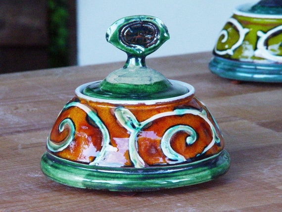 Handmade Danko Pottery Sugar Bowl - Orange, Green, White Ceramic - Home & Living Kitchen Decor - Perfect Gift!