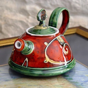 Handmade Ceramic Teapot for One Danko's Artistic Pottery Christmas Gift Small Clay Tea Pot Red, Green, White Colors 400ml Capacity image 2