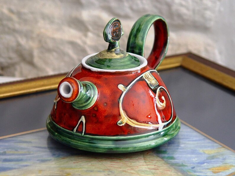 Handmade Ceramic Teapot for One Danko's Artistic Pottery Christmas Gift Small Clay Tea Pot Red, Green, White Colors 400ml Capacity image 2