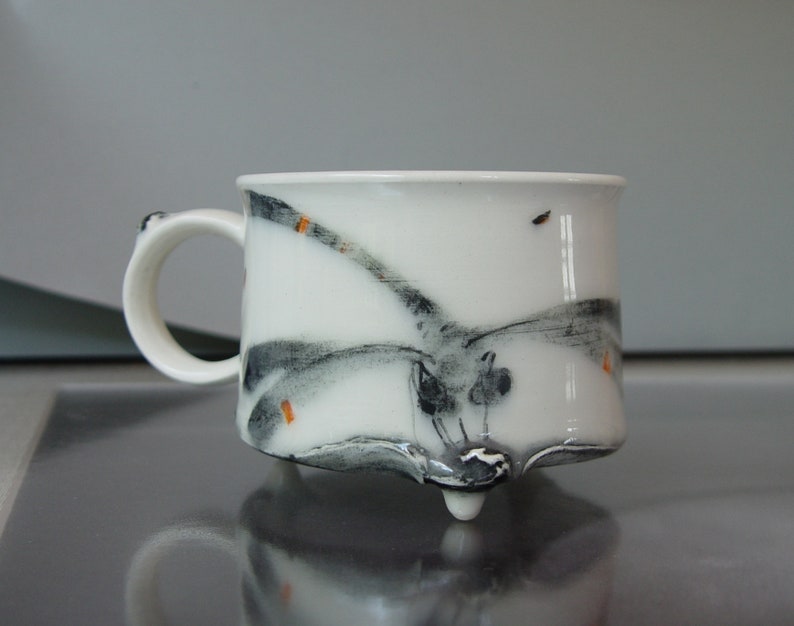 Handmade Stoneware Dragonfly Coffee Mug Unique Teacup 300ml Wheel Thrown Pottery Danko Artistic Mug White Black Orange Gift Mug image 5