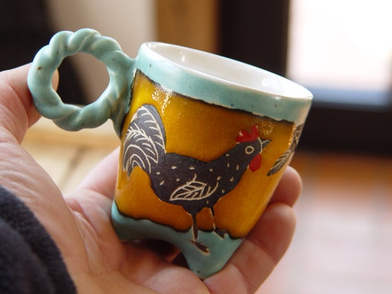 Small Handbuilt Ceramic Mug with a Rooster, Pottery Stoneware Cup, Colorful Tea or Coffee Cup, Collectible Pottery, Cute Mug