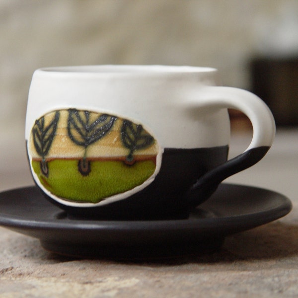 Pottery Coffee Cup with Saucer, Espresso cup, Tea cup, Ceramic art, Danko pottery, Clay cup, Farmhouse kitchen decor