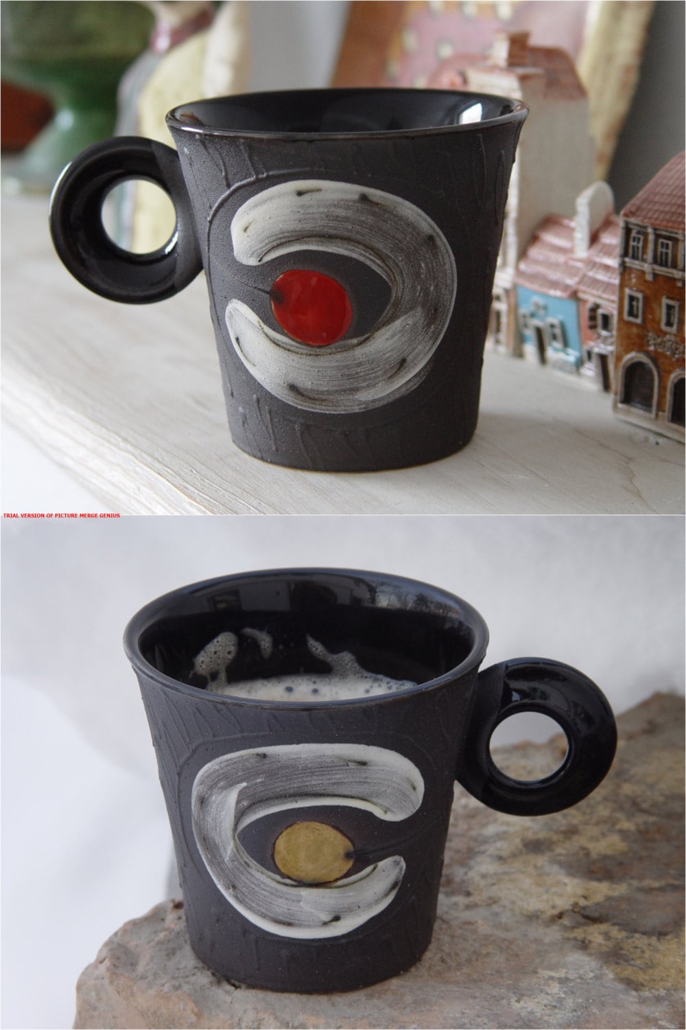 Tasse à Café en Poterie Artisanale Unique avec Cerises Peintes La Main, Tasse Grès, Art Céramique, C