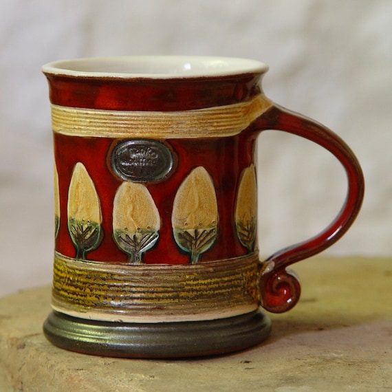 Handmade Red Pottery Mug - Ceramic Tea Cup, Unique Hand-Painted Tree Design, Matte and Glossy Finish