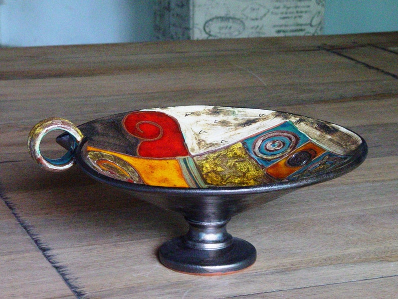 Handmade Ceramic Fruit Bowl with Leg Wedding Gift Table Centerpiece Wheel Thrown Pottery Orange Green Red Ochre Beige Home Decor image 4