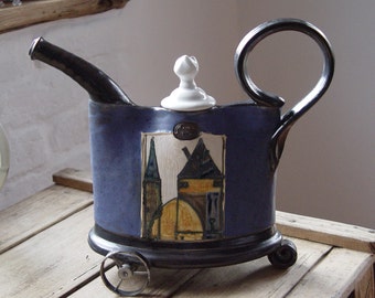 Blue Decorative Pitcher with Iron Elements - Hand-Painted Pottery Teapot - Home Decor - DankoPottery