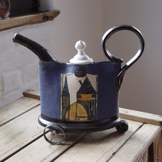 Blue Decorative Pitcher with Iron Elements - Hand-Painted Pottery Teapot - Home Decor - DankoPottery