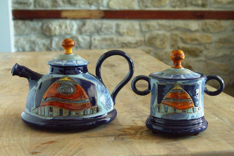 Ceramic Sugar Bowl with Lid, Pottery Sugar Bowl. Handmade Clay Sugar Bowl, Sugar Box, Sugar Keeper, Blue and Orange Sugar Bowl image 5