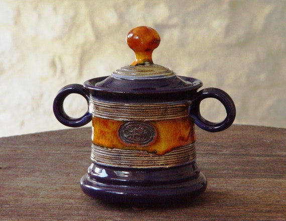 Hand Painted Blue and Orange Ceramic Sugar Bowl with Lid - Unique Kitchen Decor - Sweet Gift for Tea Lovers - Home and Living Gift