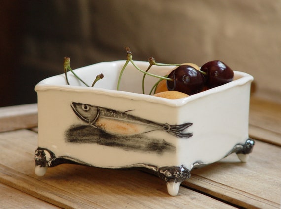 Handmade Porcelain Tray with Fish Decoration - Multifunctional Ceramic Art - Black, White, Orange - Cat Food Bowl